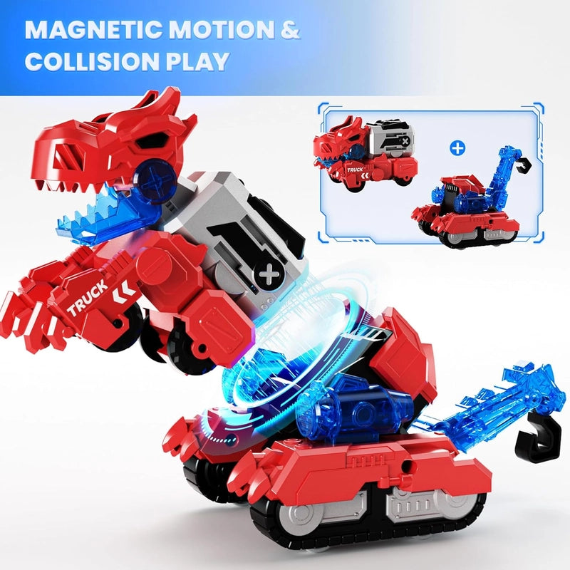 Magnetic transforming toy set combining a red truck and crane into a T-rex dinosaur through snap-together collision play.