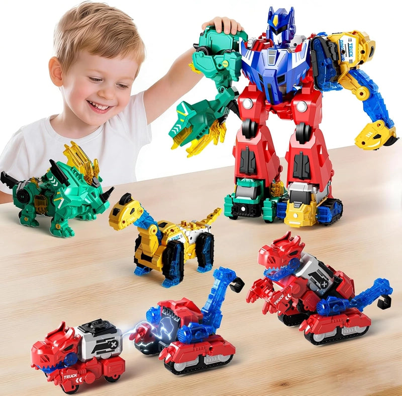 Smiling child playing with transforming Magnetic Dino Fusion Set.