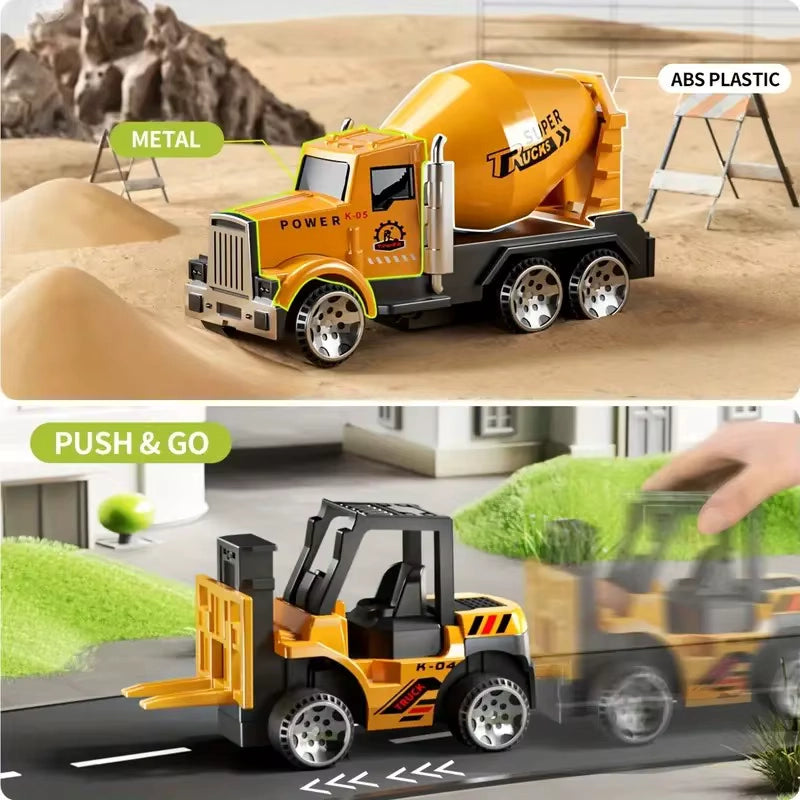 Construction vehicles featured in the Mega Construction Truck toy, made of metal and abs plastic, moving by push and go. 