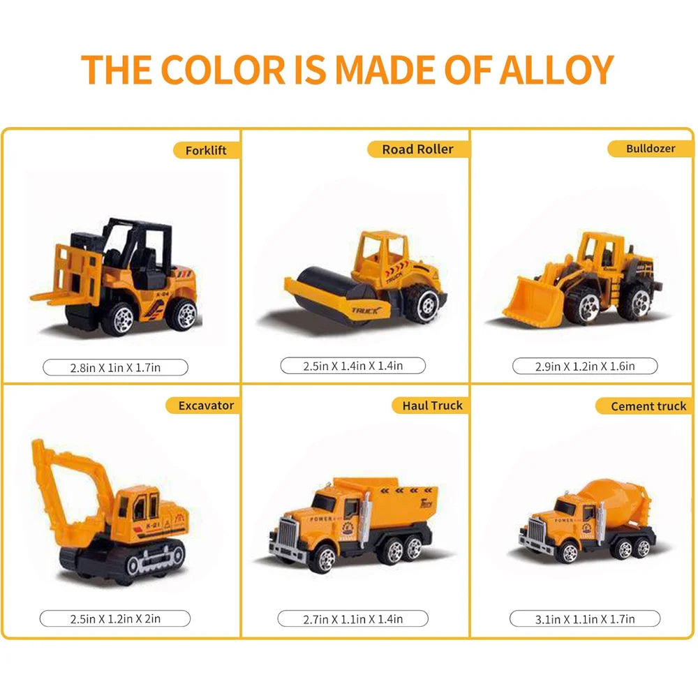 Construction vehicle toy set size chart showing alloy mini forklift, road roller, bulldozer, excavator, haul truck, and cement truck with labeled dimensions for each vehicle.