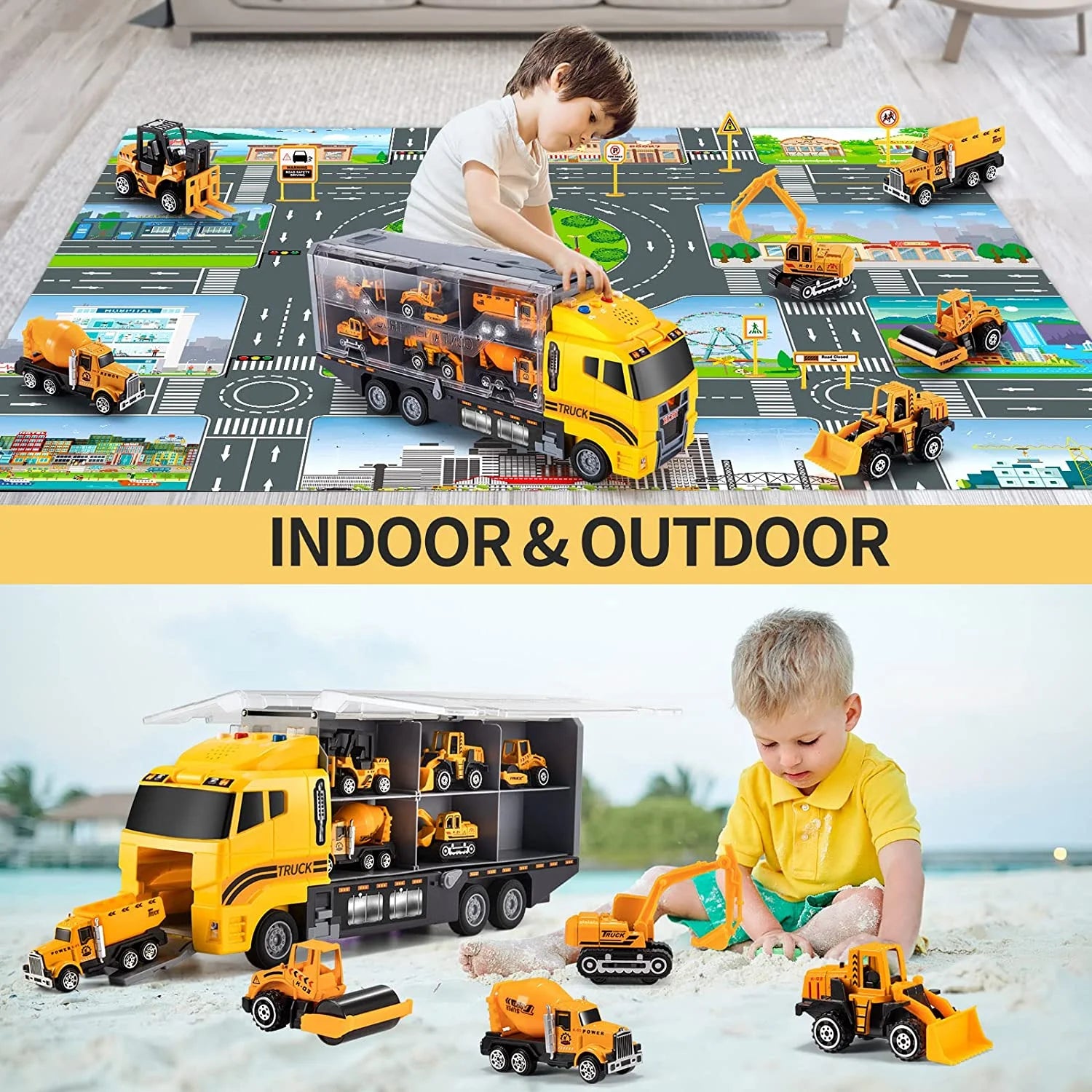 Construction truck toy playset for indoor and outdoor use, featuring large yellow carrier truck with mini construction vehicles.